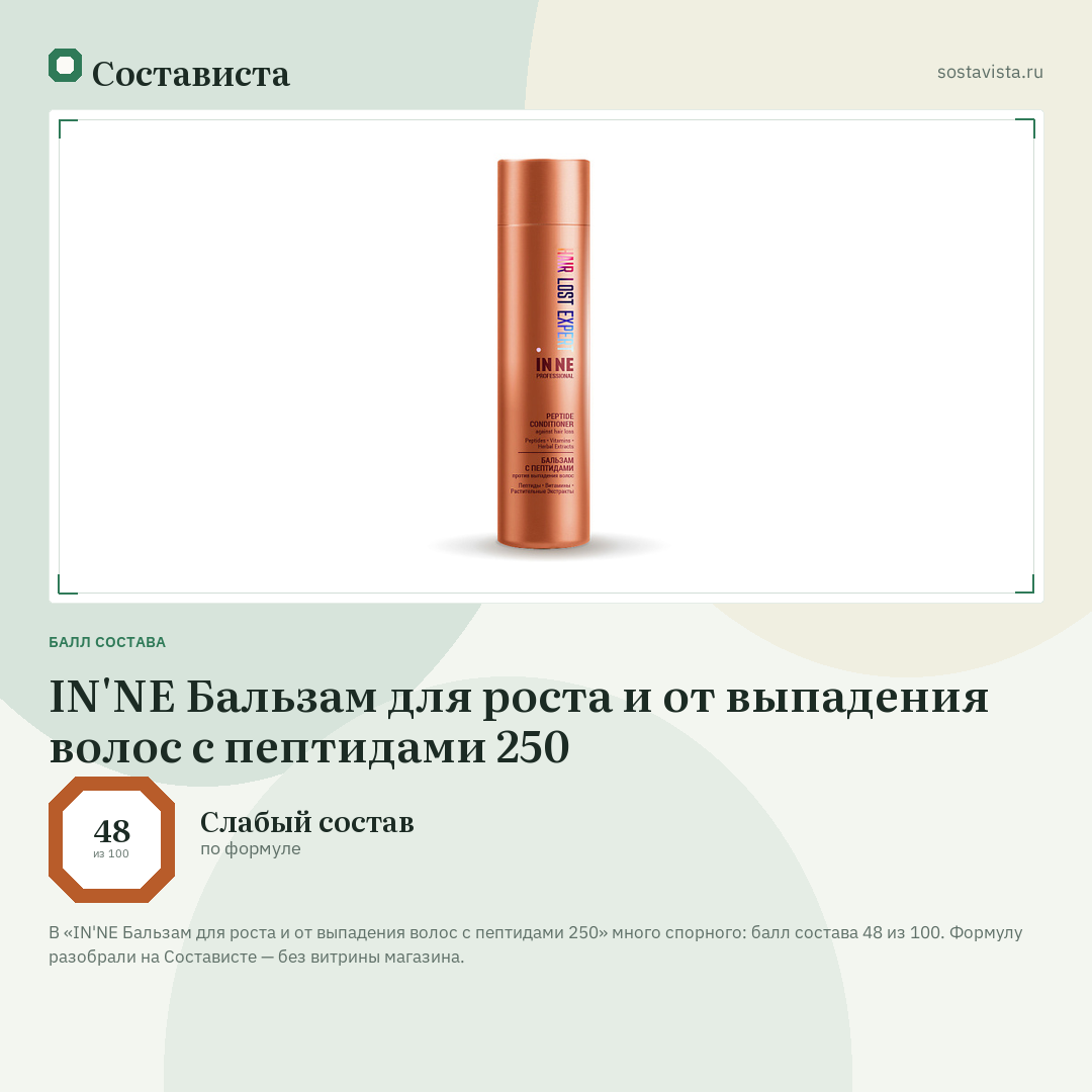 IN'NE Бальзам для роста и от выпадения волос с пептидами 250: балл состава 48 из 100 — Состависта