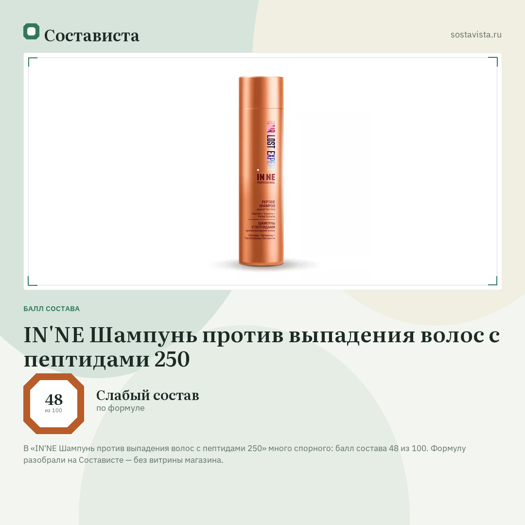 IN'NE Шампунь против выпадения волос с пептидами 250: балл состава 48 из 100 — Состависта