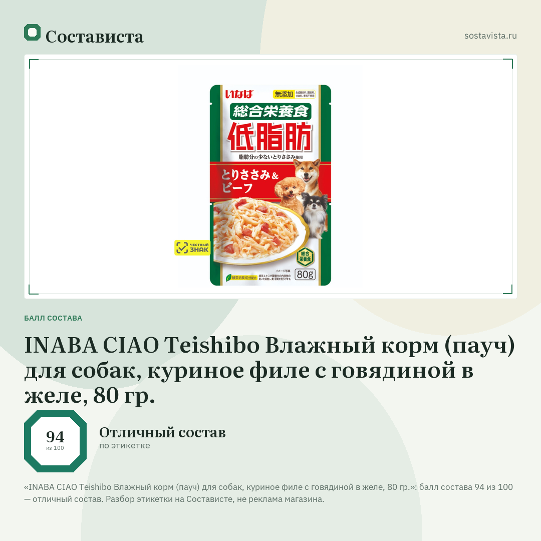 INABA CIAO Teishibo Влажный корм (пауч) для собак, куриное филе с говядиной в желе, 80 гр.: балл состава 94 из 100 — Состависта