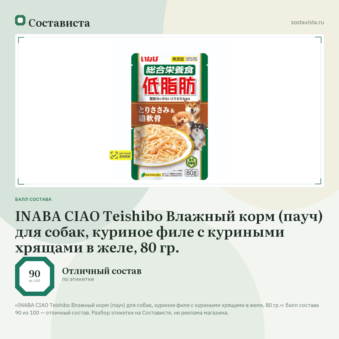 INABA CIAO Teishibo Влажный корм (пауч) для собак, куриное филе с куриными хрящами в желе, 80 гр.: балл состава 90 из 100 — Состависта