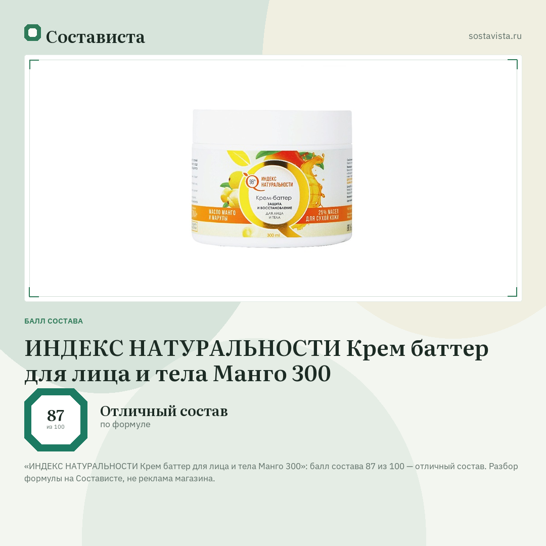 ИНДЕКС НАТУРАЛЬНОСТИ Крем баттер для лица и тела Манго 300: балл состава 87 из 100 — Состависта