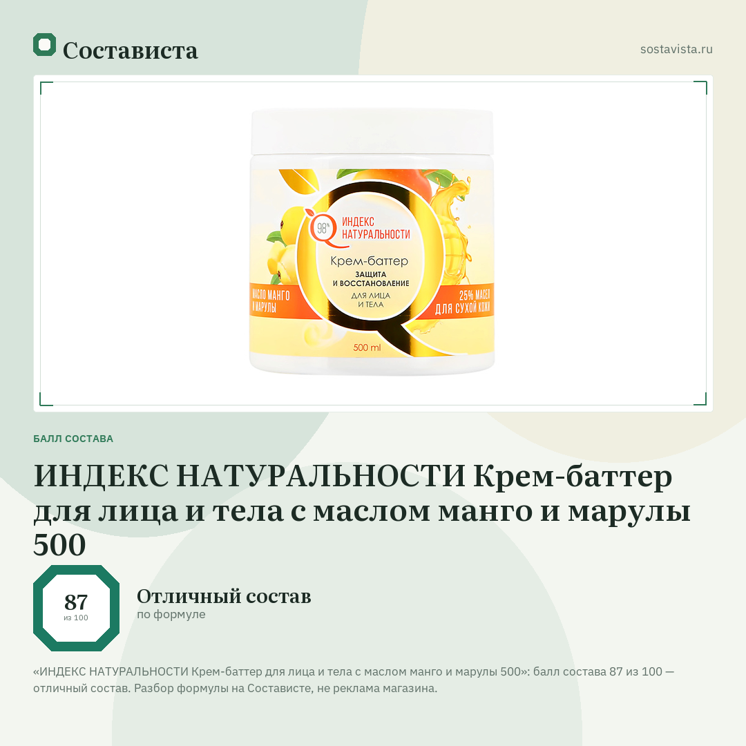 ИНДЕКС НАТУРАЛЬНОСТИ Крем-баттер для лица и тела с маслом манго и марулы 500: балл состава 87 из 100 — Состависта