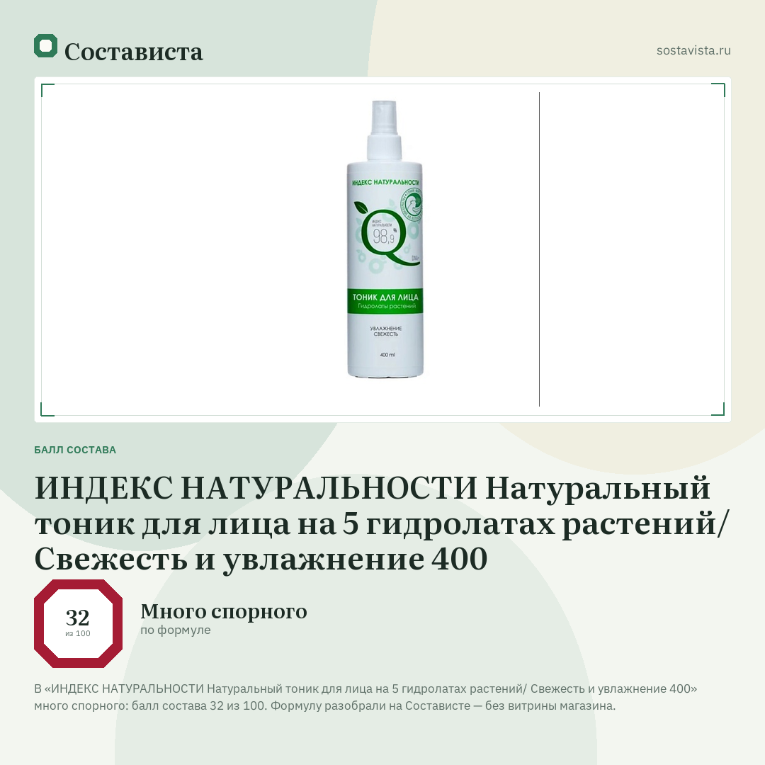 ИНДЕКС НАТУРАЛЬНОСТИ Натуральный тоник для лица на 5 гидролатах растений/ Свежесть и увлажнение 400: балл состава 32 из 100 — Состависта