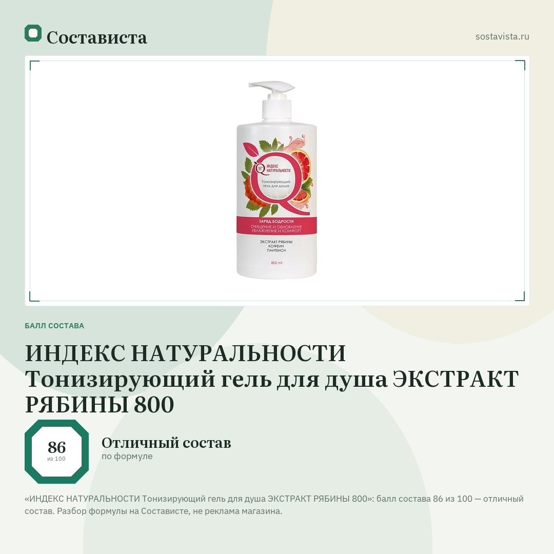 ИНДЕКС НАТУРАЛЬНОСТИ Тонизирующий гель для душа ЭКСТРАКТ РЯБИНЫ 800: балл состава 86 из 100 — Состависта