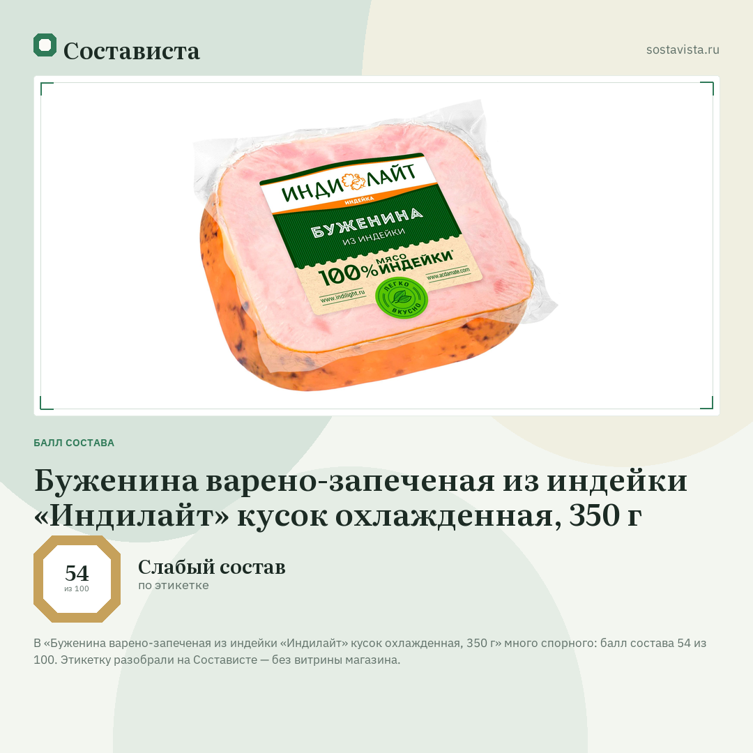 Буженина варено-запеченая из индейки «Индилайт» кусок охлажденная, 350 г: балл состава 54 из 100 — Состависта