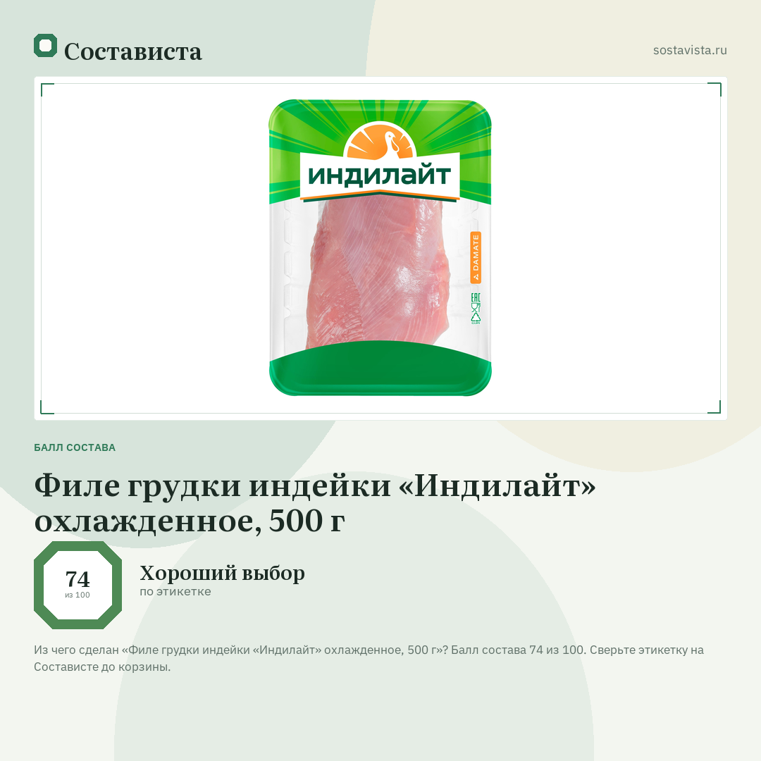 Филе грудки индейки «Индилайт» охлажденное, 500 г: балл состава 74 из 100 — Состависта