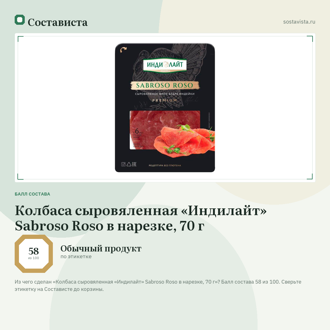 Колбаса сыровяленная «Индилайт» Sabroso Roso в нарезке, 70 г: балл состава 58 из 100 — Состависта