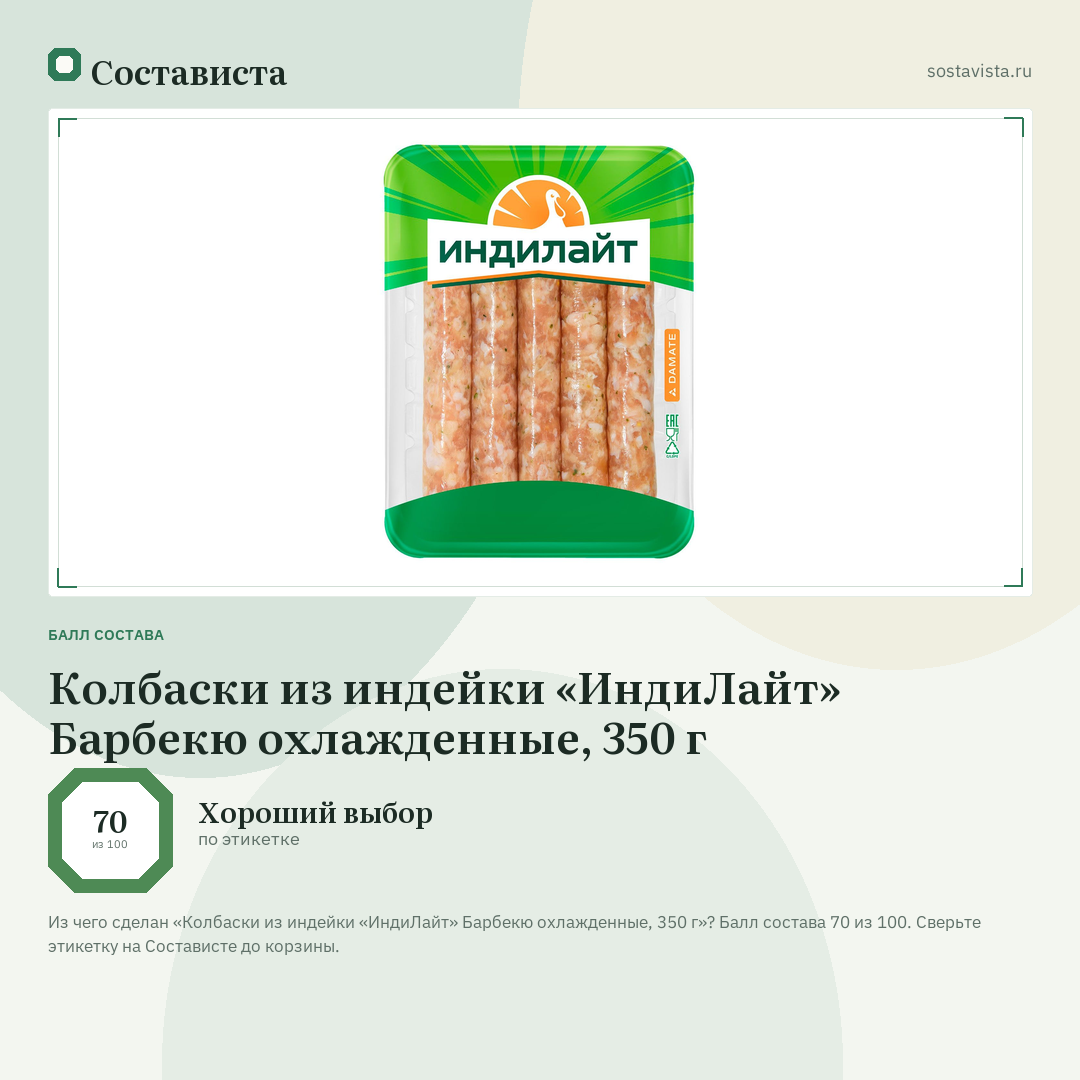 Колбаски из индейки «ИндиЛайт» Барбекю охлажденные, 350 г: балл состава 70 из 100 — Состависта