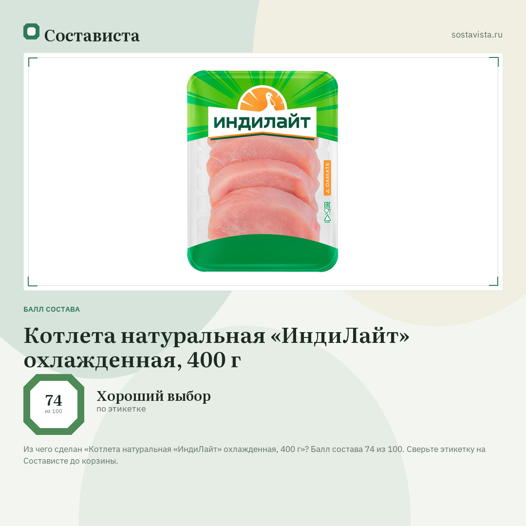 Котлета натуральная «ИндиЛайт» охлажденная, 400 г: балл состава 74 из 100 — Состависта