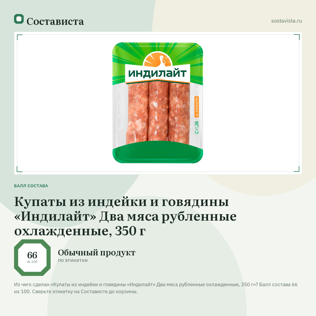 Купаты из индейки и говядины «Индилайт» Два мяса рубленные охлажденные, 350 г: балл состава 66 из 100 — Состависта