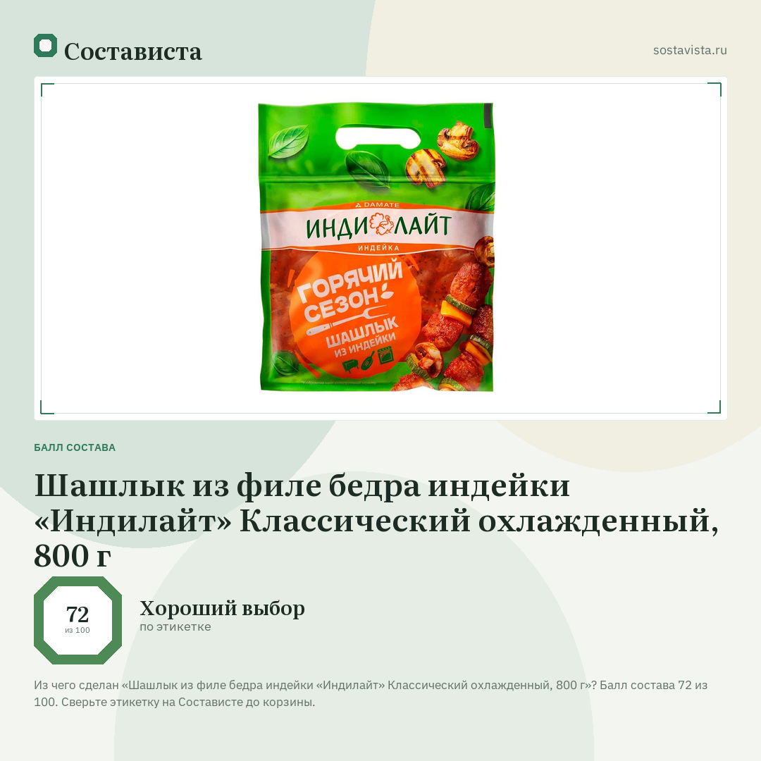 Шашлык из филе бедра индейки «Индилайт» Классический охлажденный, 800 г: балл состава 72 из 100 — Состависта