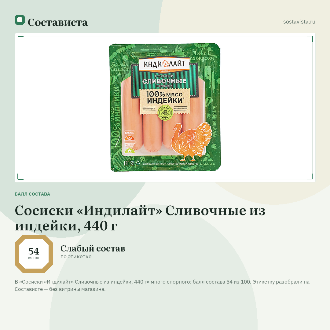 Сосиски «Индилайт» Сливочные из индейки, 440 г: балл состава 54 из 100 — Состависта