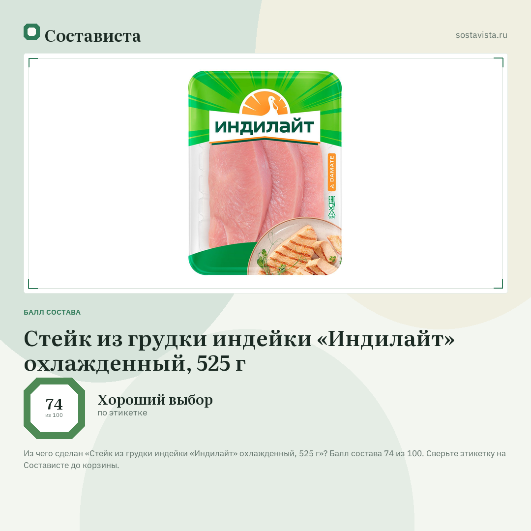 Стейк из грудки индейки «Индилайт» охлажденный, 525 г: балл состава 74 из 100 — Состависта