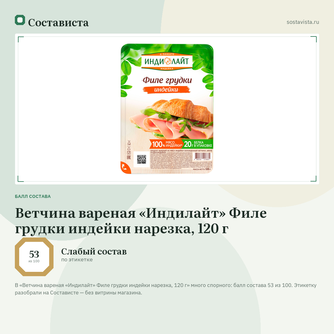 Ветчина вареная «Индилайт» Филе грудки индейки нарезка, 120 г: балл состава 53 из 100 — Состависта
