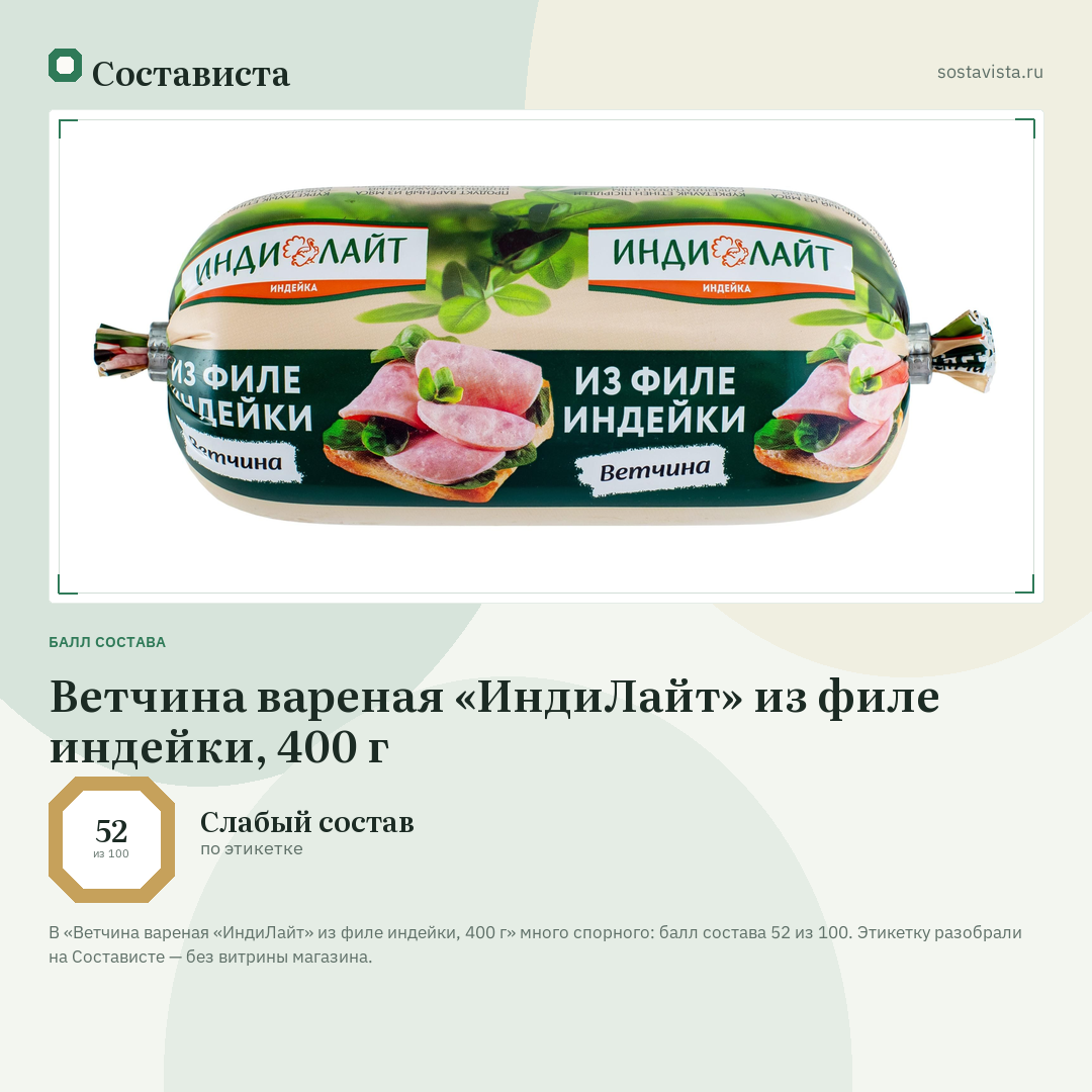 Ветчина вареная «ИндиЛайт» из филе индейки, 400 г: балл состава 52 из 100 — Состависта