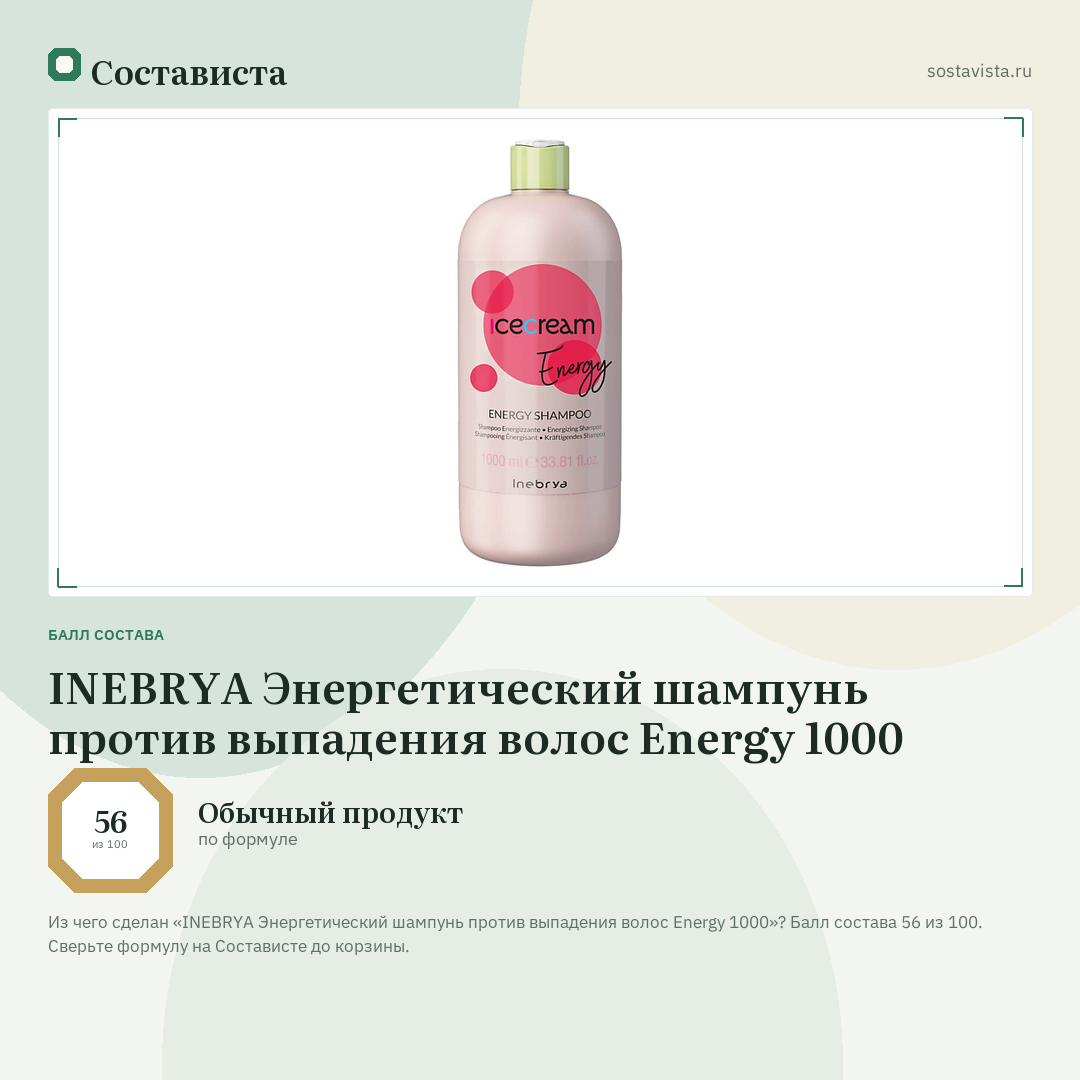 INEBRYA Энергетический шампунь против выпадения волос Energy 1000: балл состава 56 из 100 — Состависта
