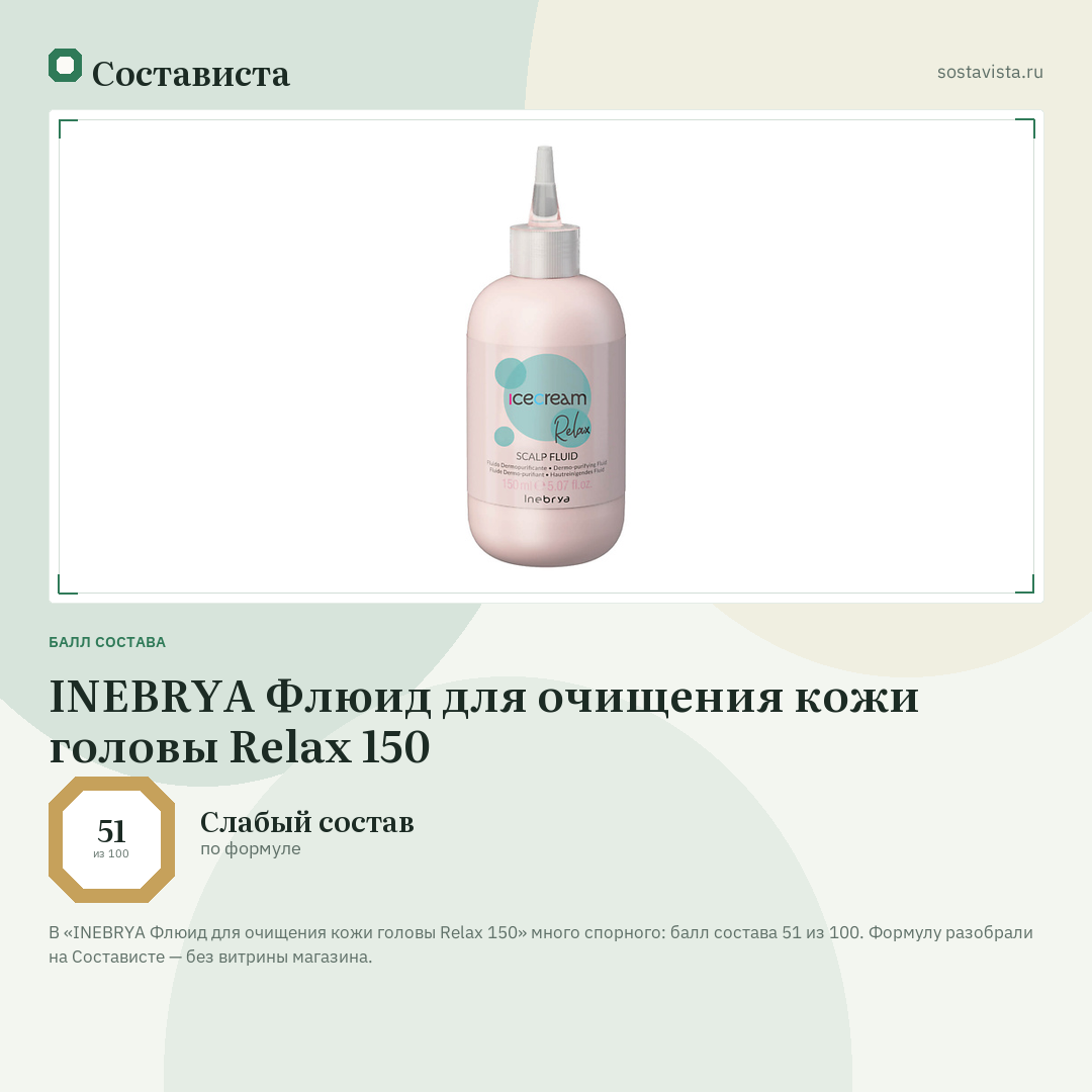INEBRYA Флюид для очищения кожи головы Relax 150: балл состава 51 из 100 — Состависта