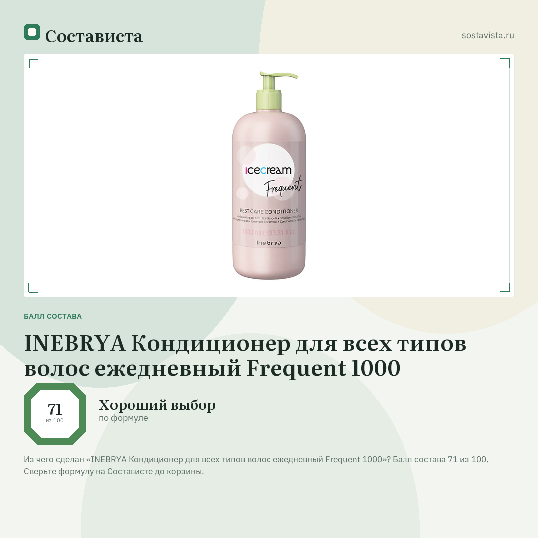 INEBRYA Кондиционер для всех типов волос ежедневный Frequent 1000: балл состава 71 из 100 — Состависта