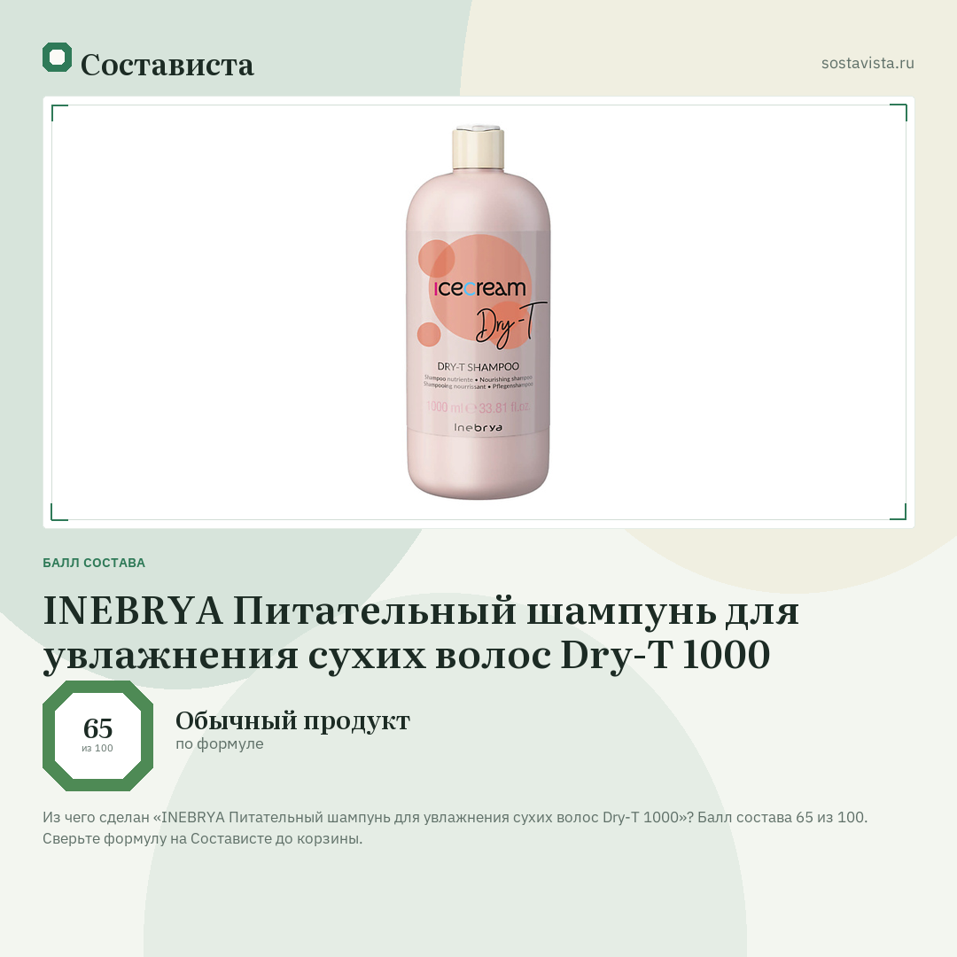 INEBRYA Питательный шампунь для увлажнения сухих волос Dry-T 1000: балл состава 65 из 100 — Состависта