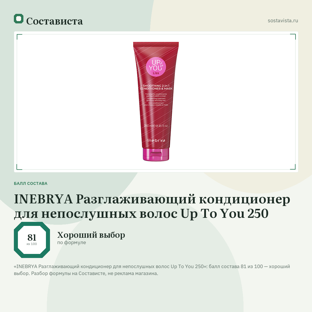 INEBRYA Разглаживающий кондиционер для непослушных волос Up To You 250: балл состава 81 из 100 — Состависта