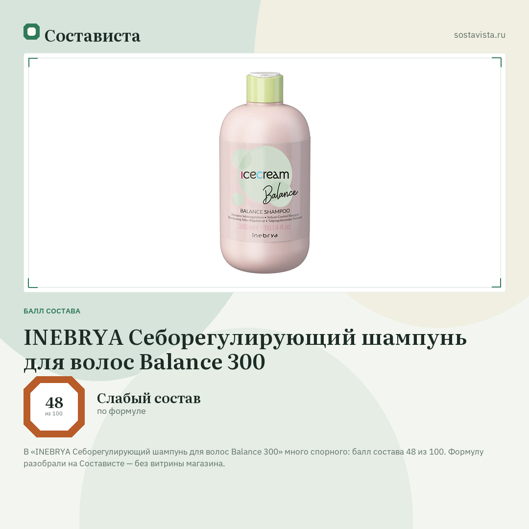 INEBRYA Себорегулирующий шампунь для волос Balance 300: балл состава 48 из 100 — Состависта