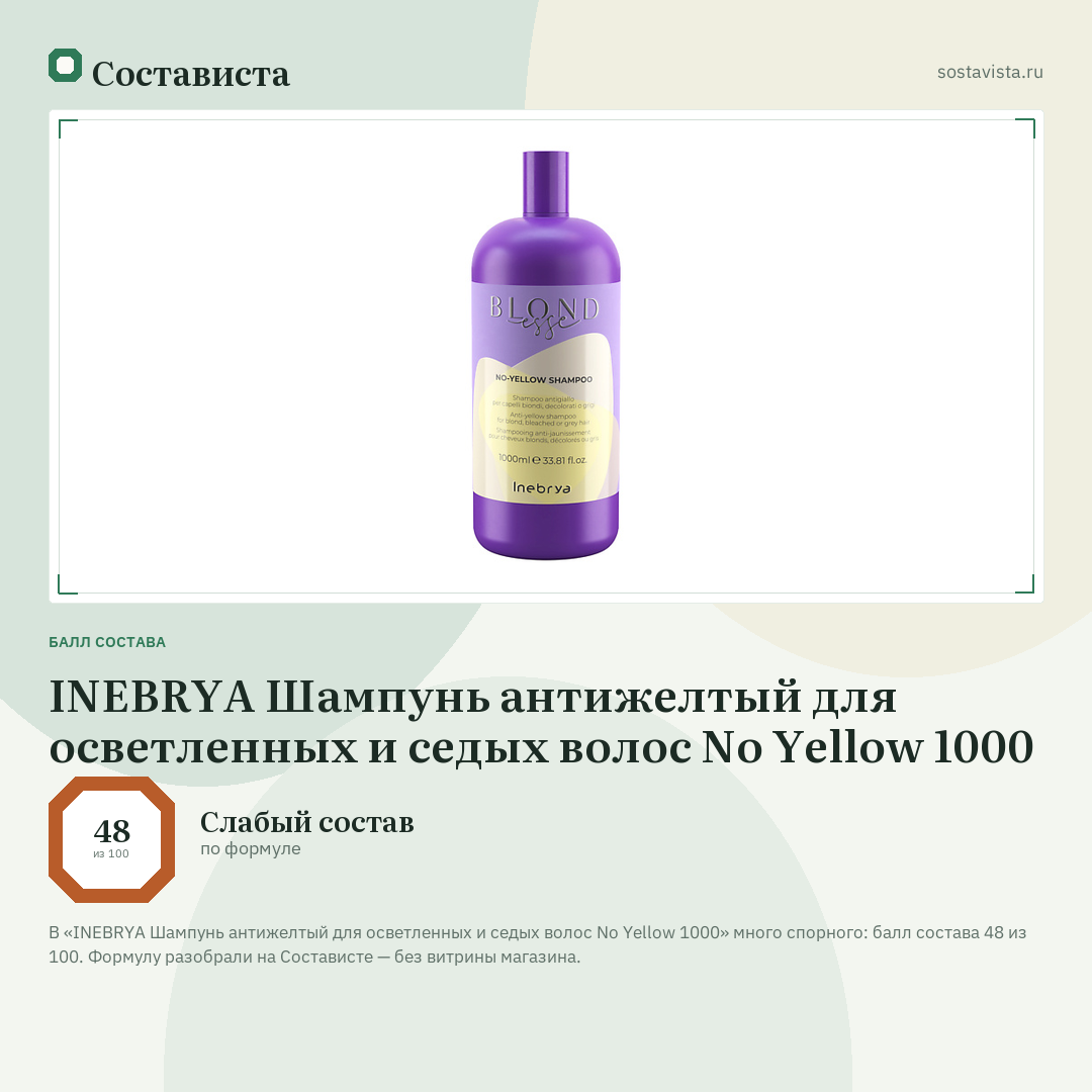 INEBRYA Шампунь антижелтый для осветленных и седых волос No Yellow 1000: балл состава 48 из 100 — Состависта