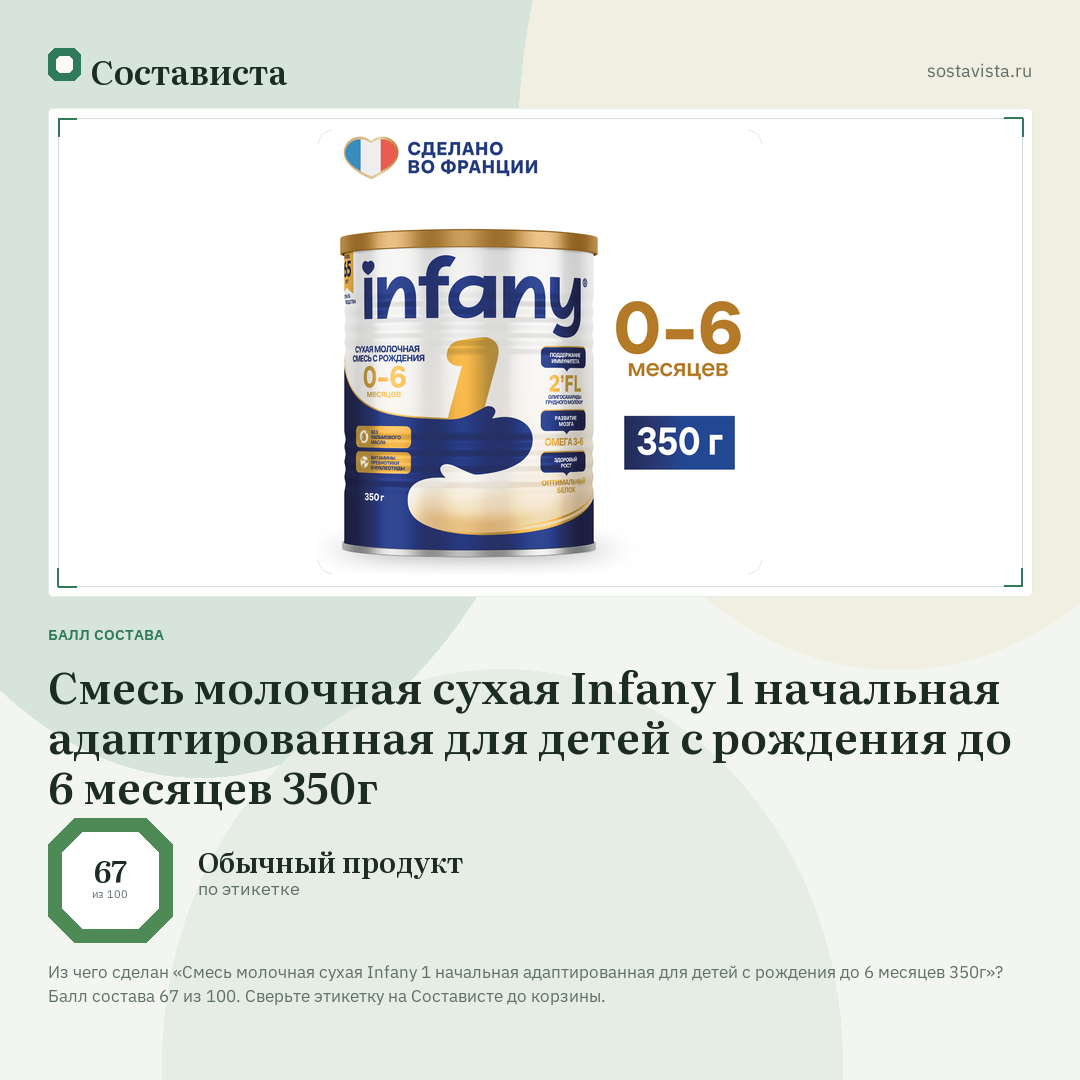 Cмесь молочная сухая Infany 1 начальная адаптированная для детей с рождения до 6 месяцев 350г: балл состава 67 из 100 — Состависта