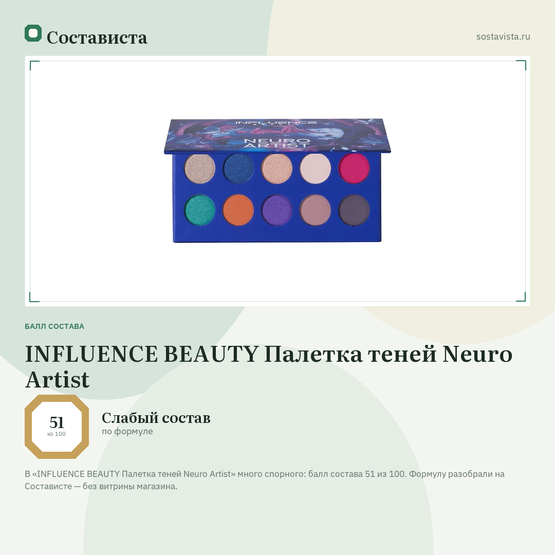 INFLUENCE BEAUTY Палетка теней Neuro Artist: балл состава 51 из 100 — Состависта