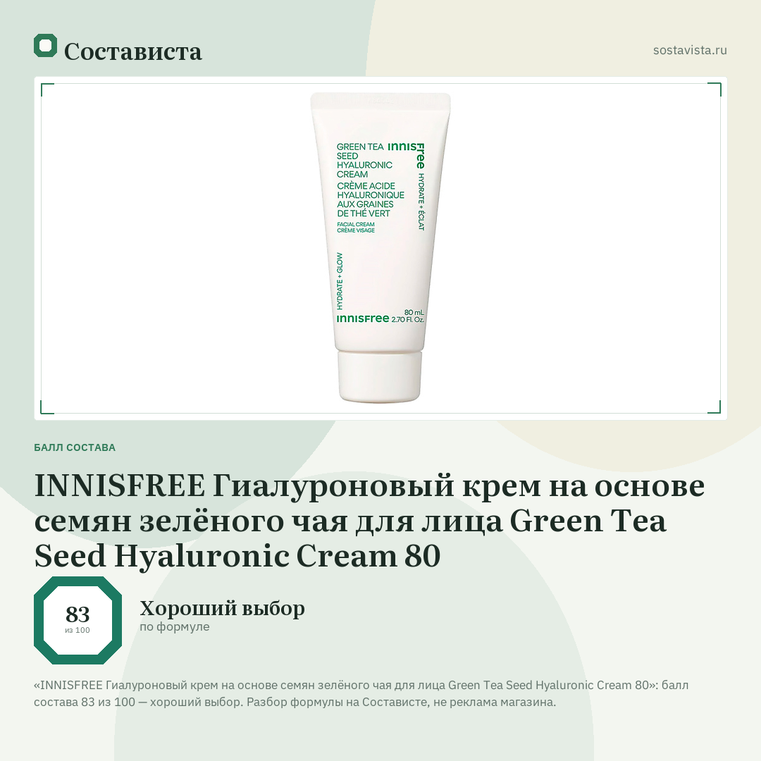 INNISFREE Гиалуроновый крем на основе семян зелёного чая для лица Green Tea Seed Hyaluronic Cream 80: балл состава 83 из 100 — Состависта