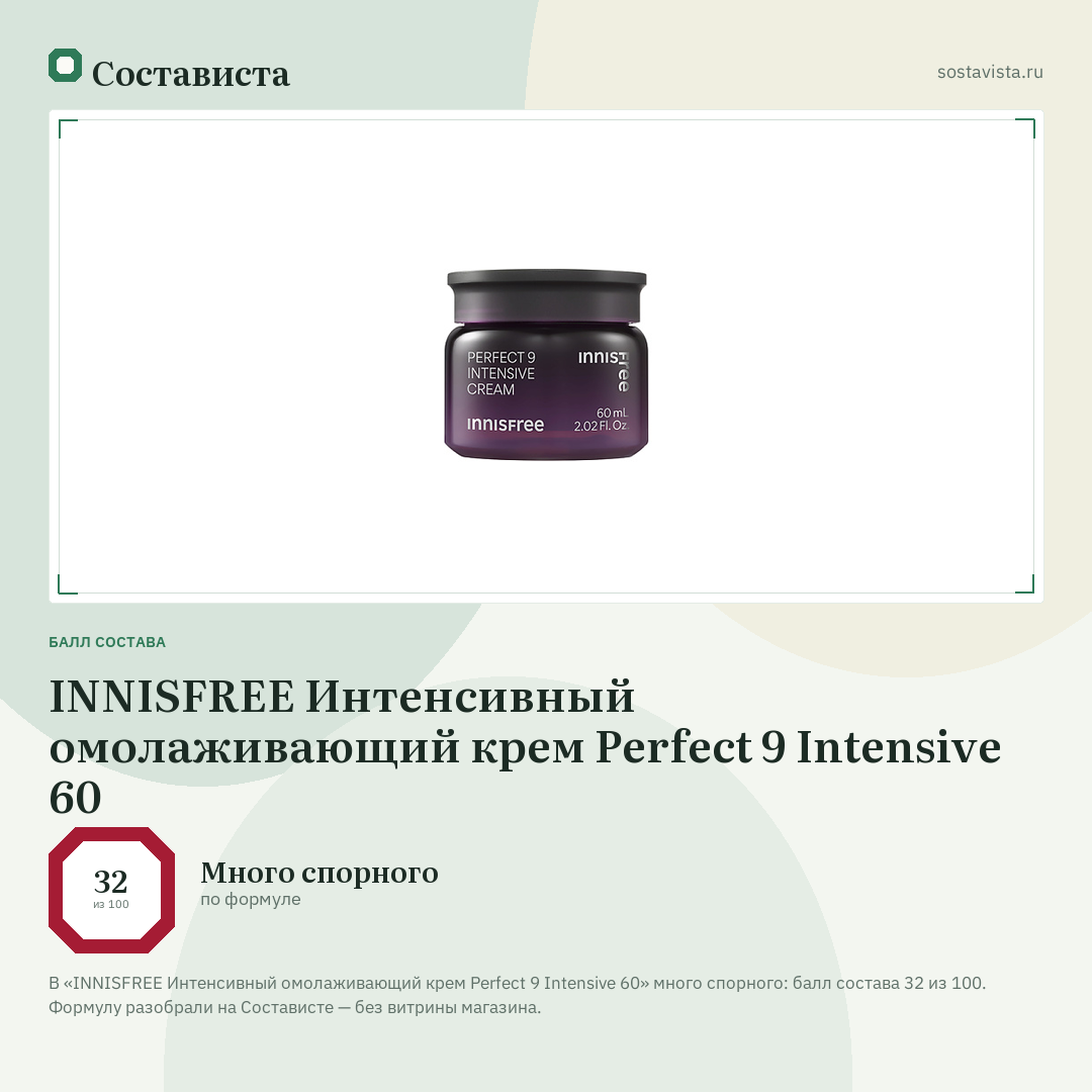 INNISFREE Интенсивный омолаживающий крем Perfect 9 Intensive 60: балл состава 32 из 100 — Состависта