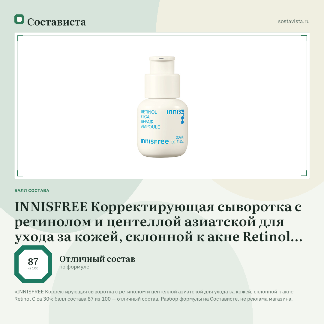 INNISFREE Корректирующая сыворотка с ретинолом и центеллой азиатской для ухода за кожей, склонной к акне Retinol Cica 30: балл состава 87 из 100 — Состависта
