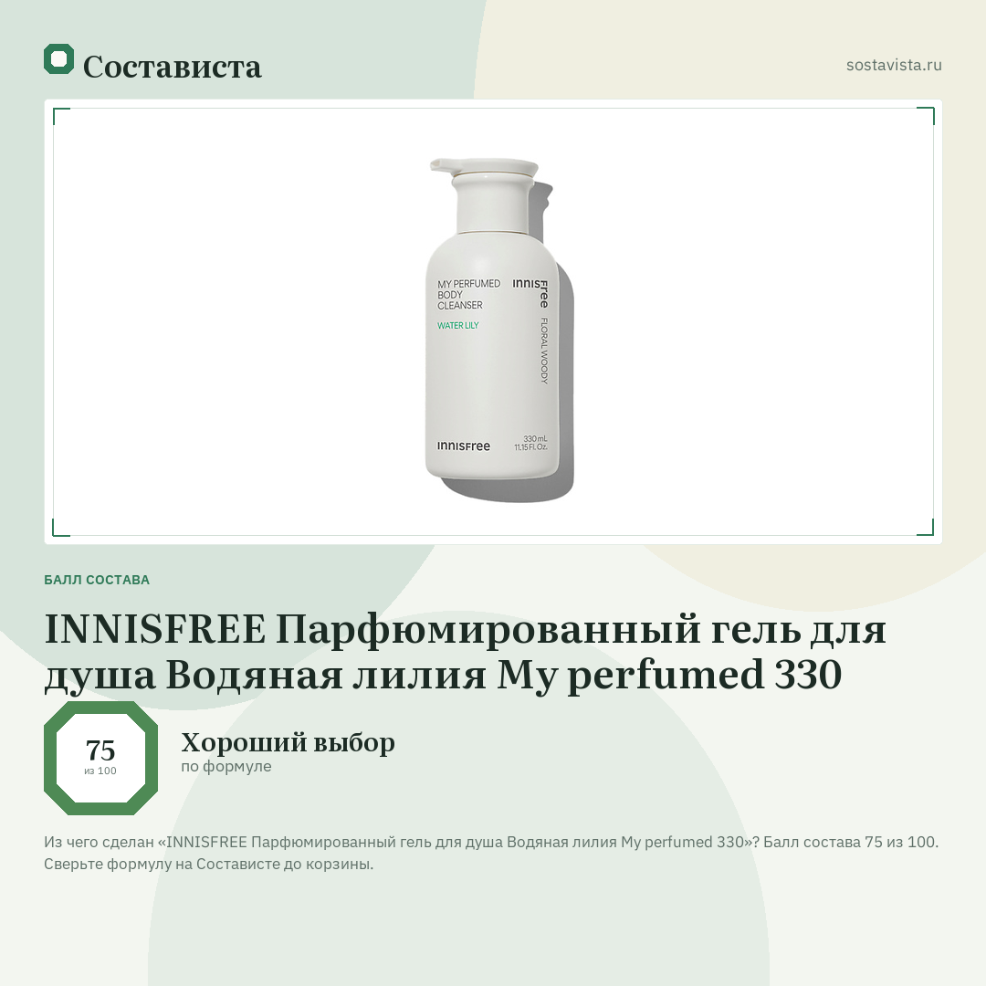 INNISFREE Парфюмированный гель для душа Водяная лилия My perfumed 330: балл состава 75 из 100 — Состависта