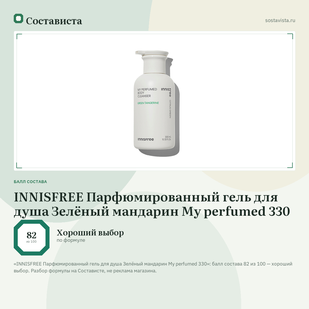 INNISFREE Парфюмированный гель для душа Зелёный мандарин My perfumed 330: балл состава 82 из 100 — Состависта