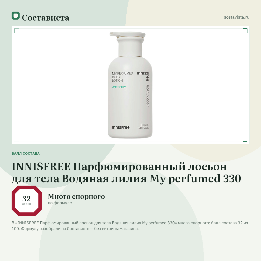 INNISFREE Парфюмированный лосьон для тела Водяная лилия My perfumed 330: балл состава 32 из 100 — Состависта