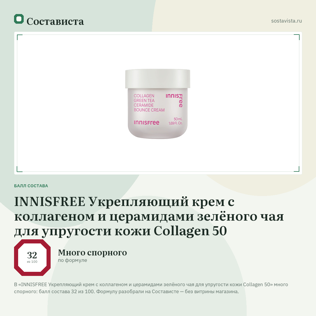 INNISFREE Укрепляющий крем с коллагеном и церамидами зелёного чая для упругости кожи Collagen 50: балл состава 32 из 100 — Состависта