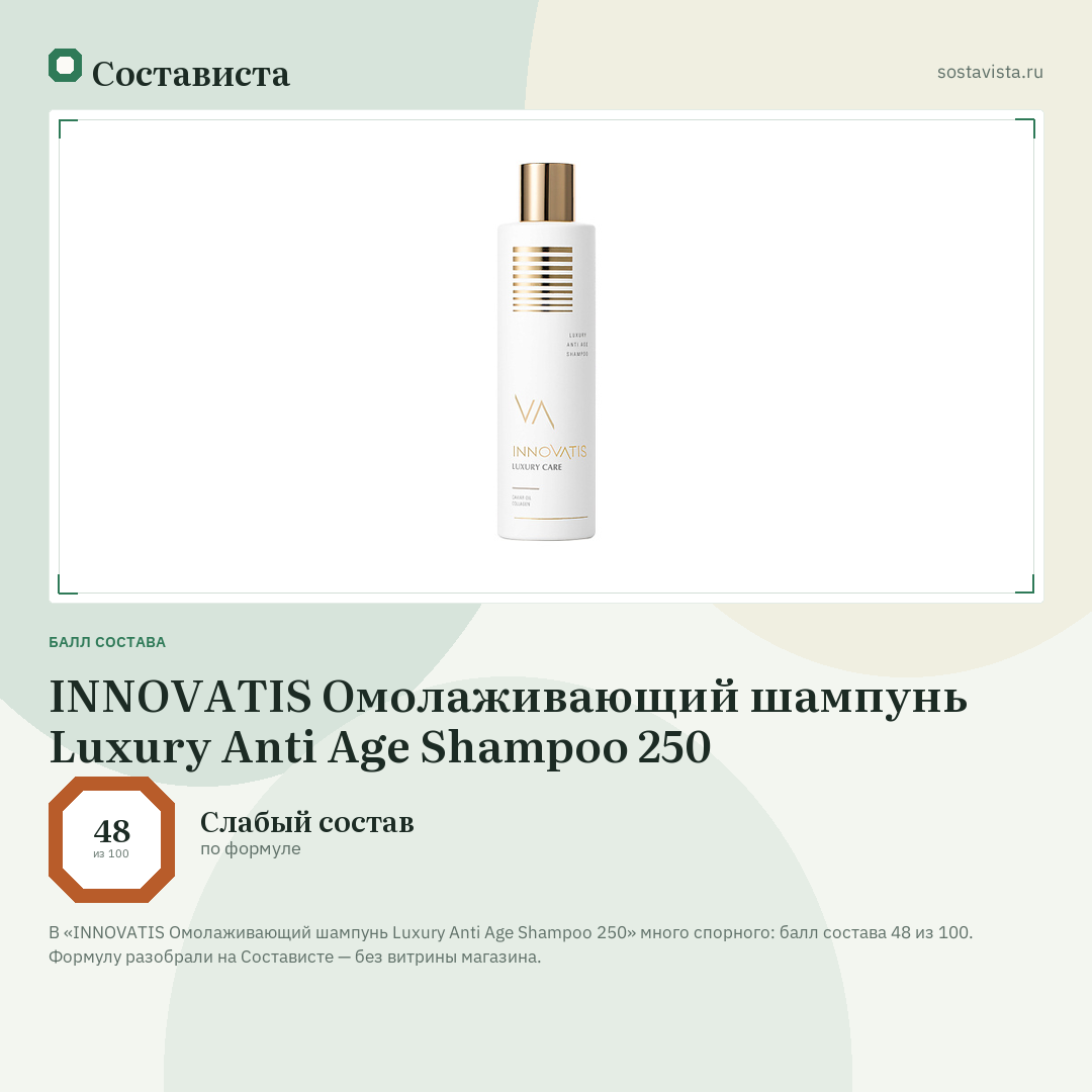 INNOVATIS Омолаживающий шампунь Luxury Anti Age Shampoo 250: балл состава 48 из 100 — Состависта