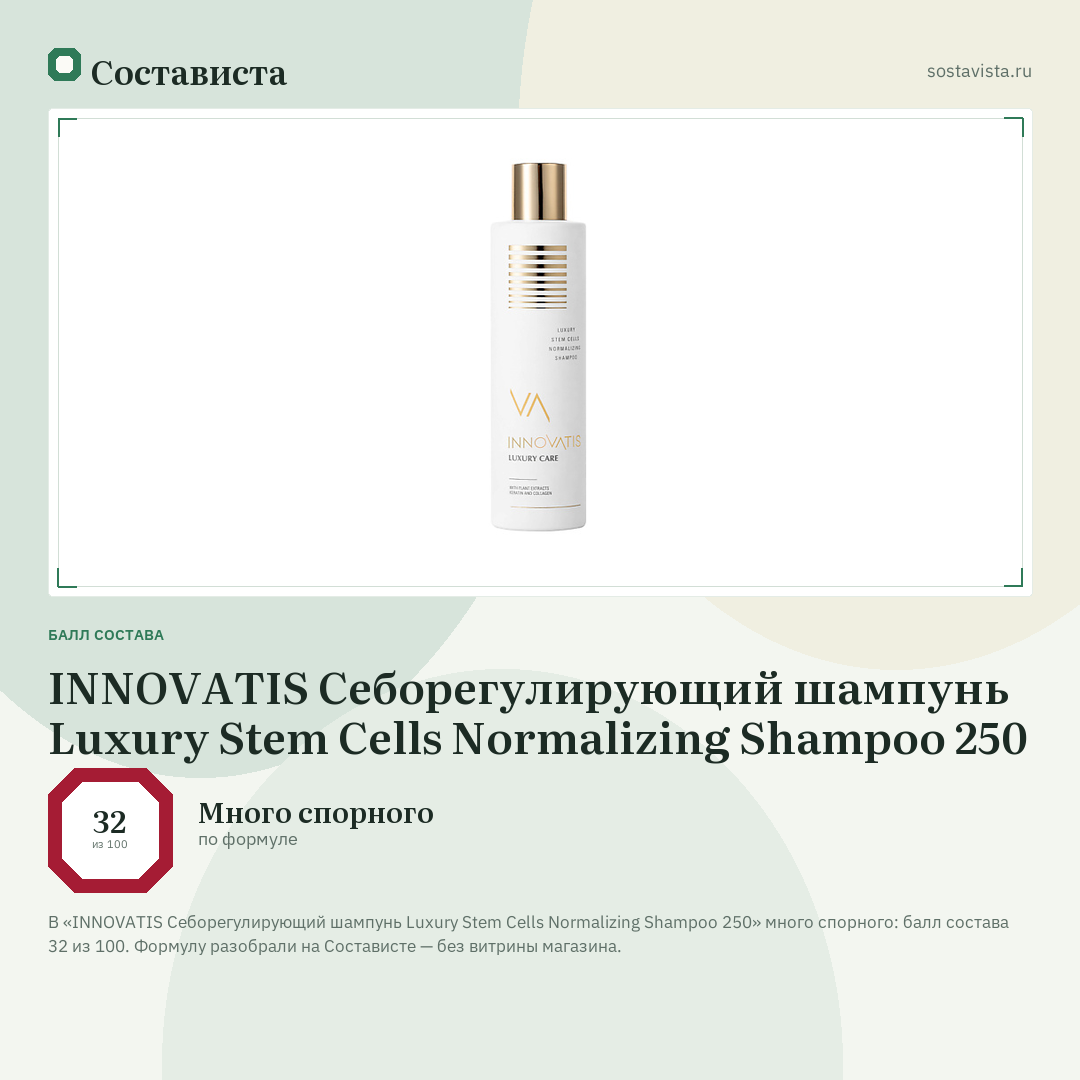 INNOVATIS Себорегулирующий шампунь Luxury Stem Cells Normalizing Shampoo 250: балл состава 32 из 100 — Состависта