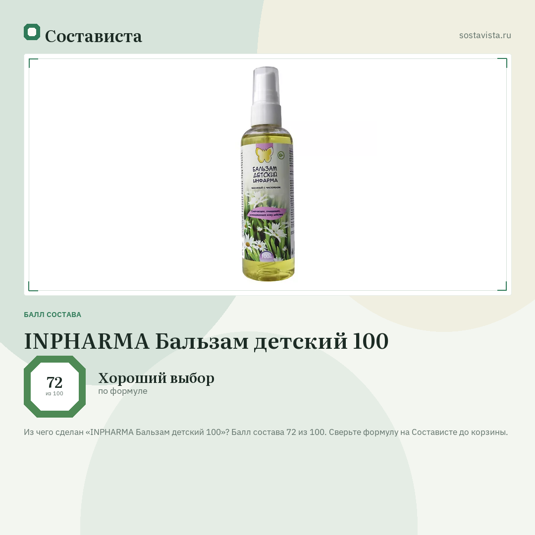 INPHARMA Бальзам детский 100: балл состава 72 из 100 — Состависта