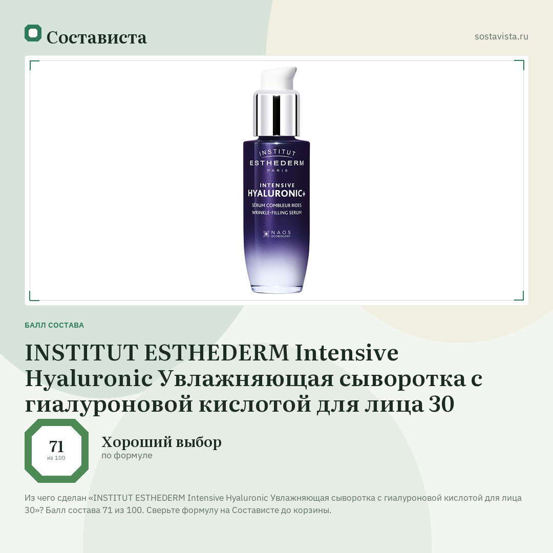 INSTITUT ESTHEDERM Intensive Hyaluronic Увлажняющая сыворотка с гиалуроновой кислотой для лица 30: балл состава 71 из 100 — Состависта