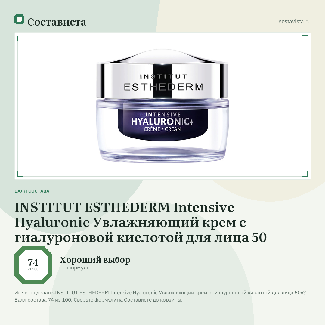 INSTITUT ESTHEDERM Intensive Hyaluronic Увлажняющий крем с гиалуроновой кислотой для лица 50: балл состава 74 из 100 — Состависта