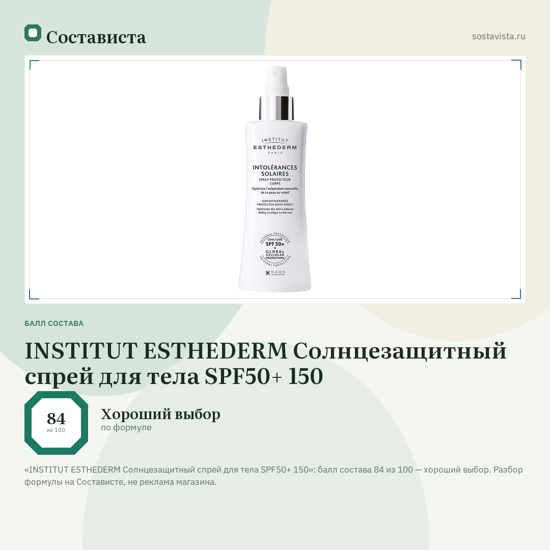 INSTITUT ESTHEDERM Солнцезащитный спрей для тела SPF50+ 150: балл состава 84 из 100 — Состависта