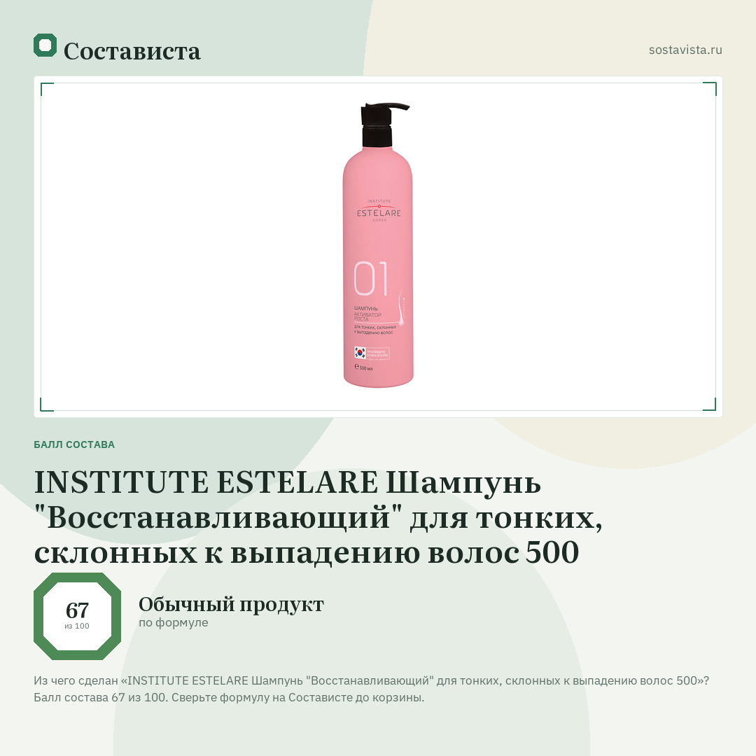 INSTITUTE ESTELARE Шампунь "Восстанавливающий" для тонких, склонных к выпадению волос 500: балл состава 67 из 100 — Состависта