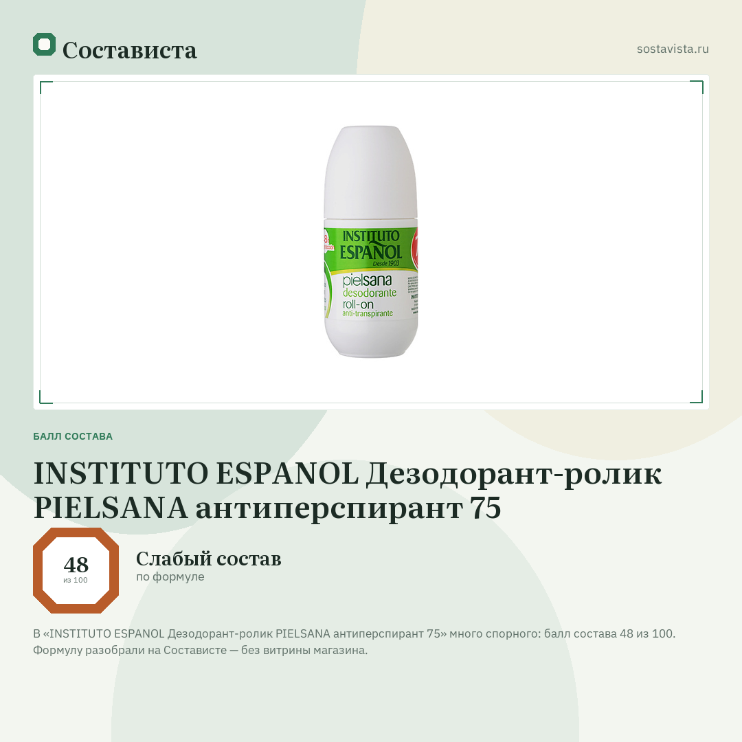 INSTITUTO ESPANOL Дезодорант-ролик PIELSANA антиперспирант 75: балл состава 48 из 100 — Состависта