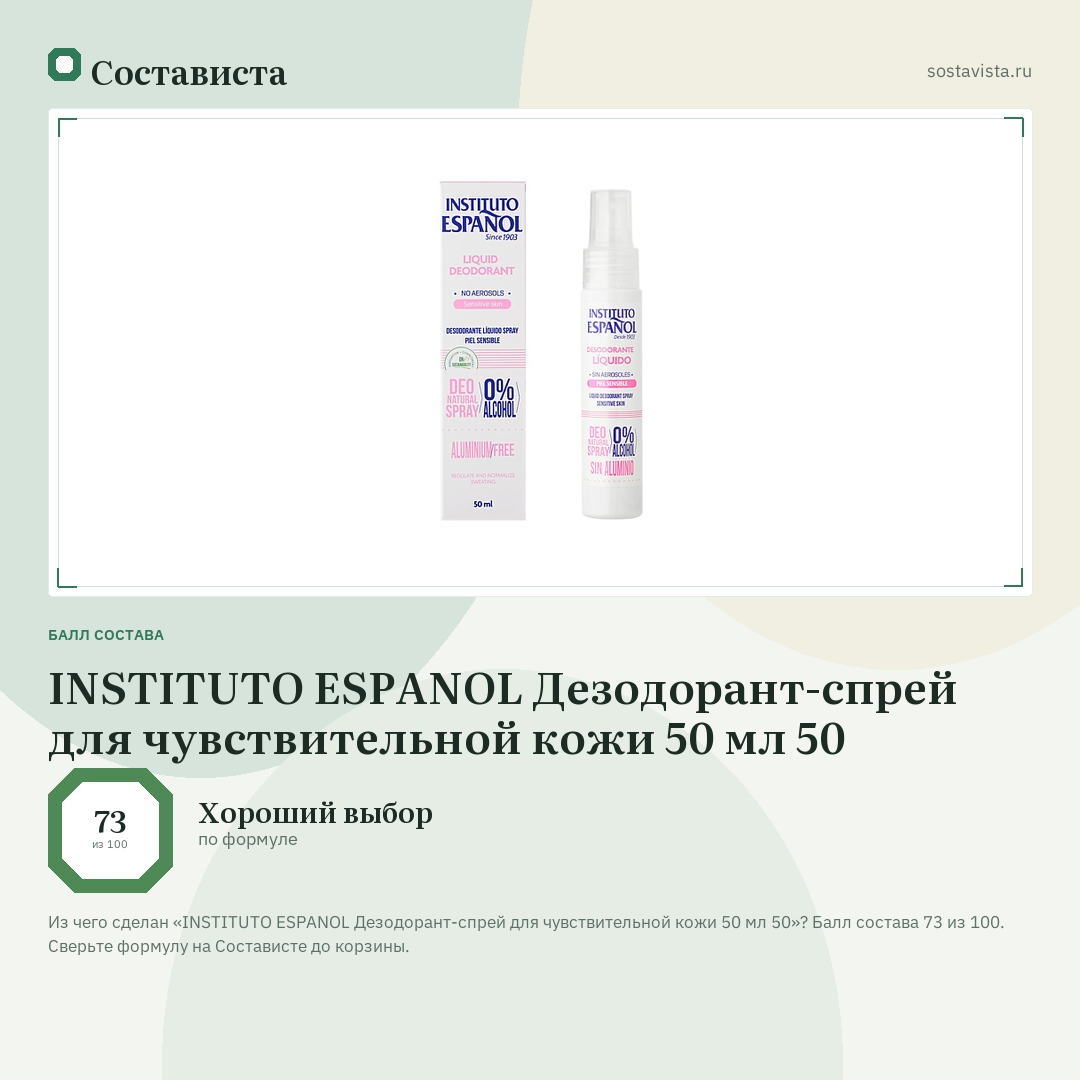 INSTITUTO ESPANOL Дезодорант-спрей для чувствительной кожи 50 мл 50: балл состава 73 из 100 — Состависта