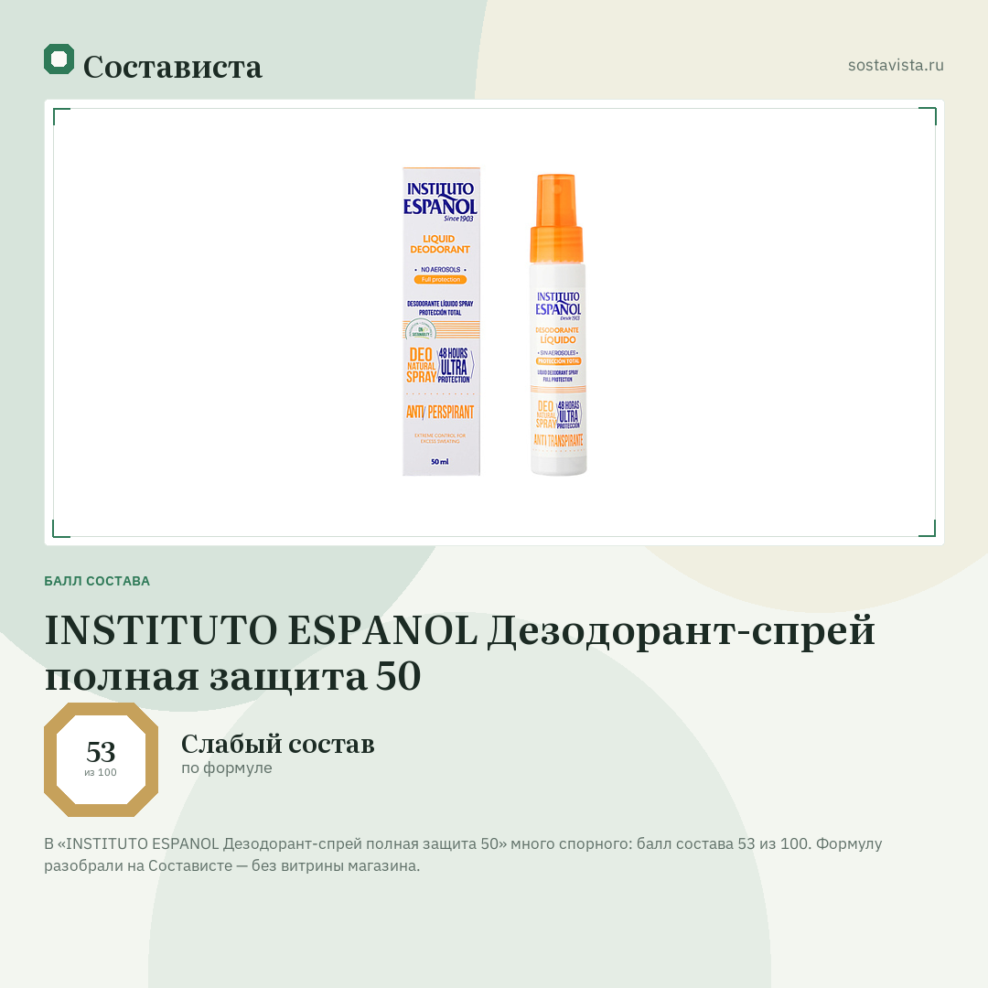 INSTITUTO ESPANOL Дезодорант-спрей полная защита 50: балл состава 53 из 100 — Состависта