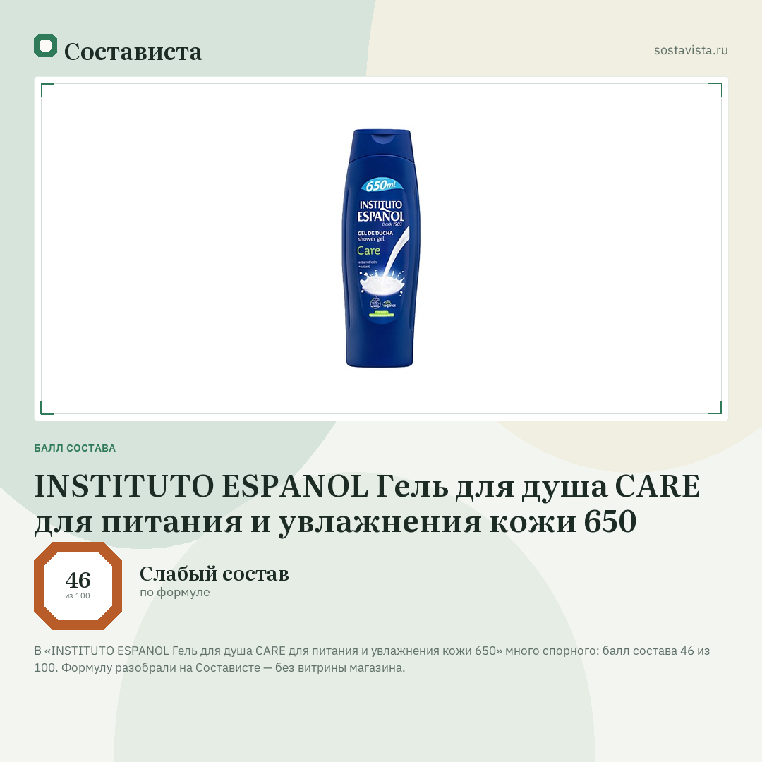 INSTITUTO ESPANOL Гель для душа CARE для питания и увлажнения кожи 650: балл состава 46 из 100 — Состависта