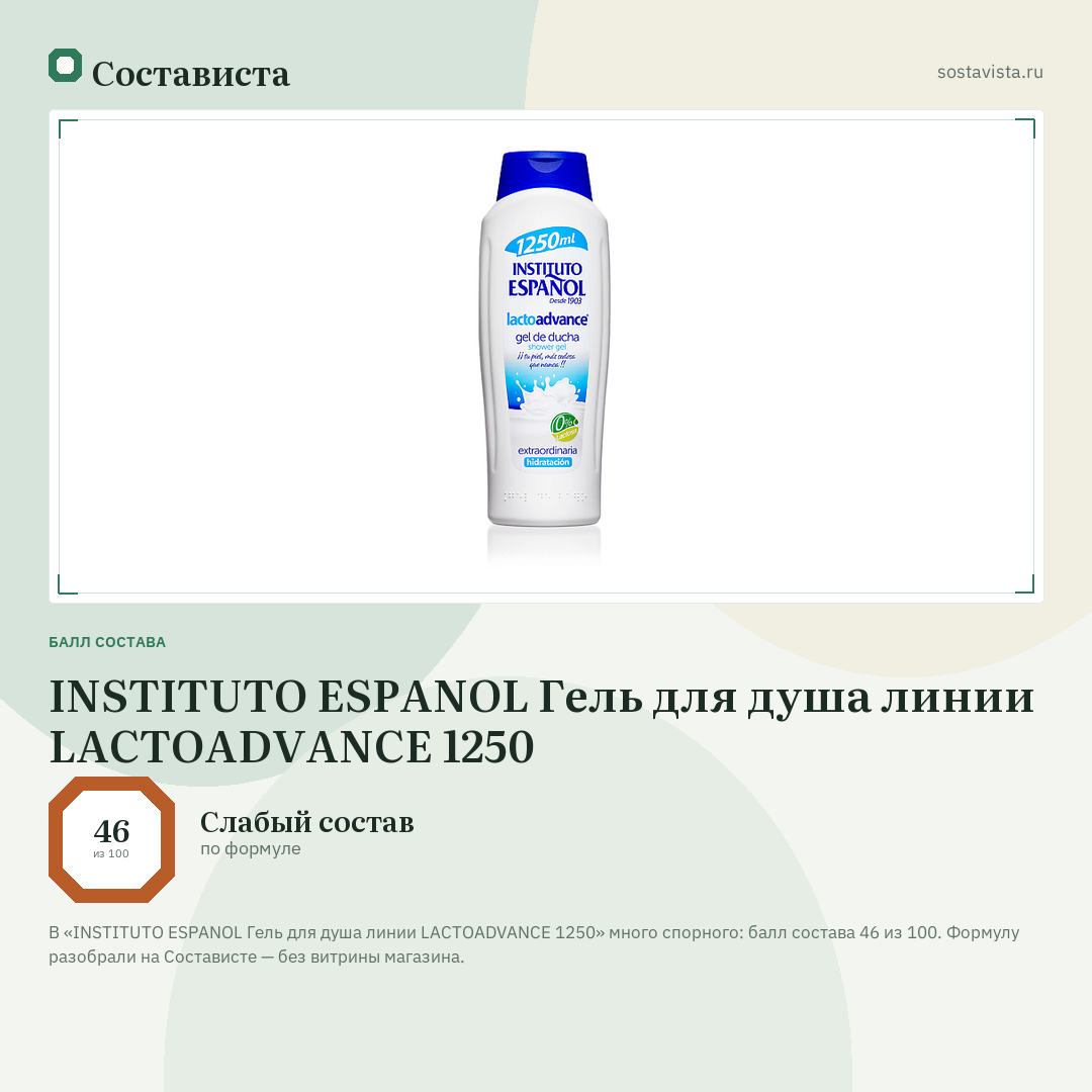 INSTITUTO ESPANOL Гель для душа линии LACTOADVANCE 1250: балл состава 46 из 100 — Состависта