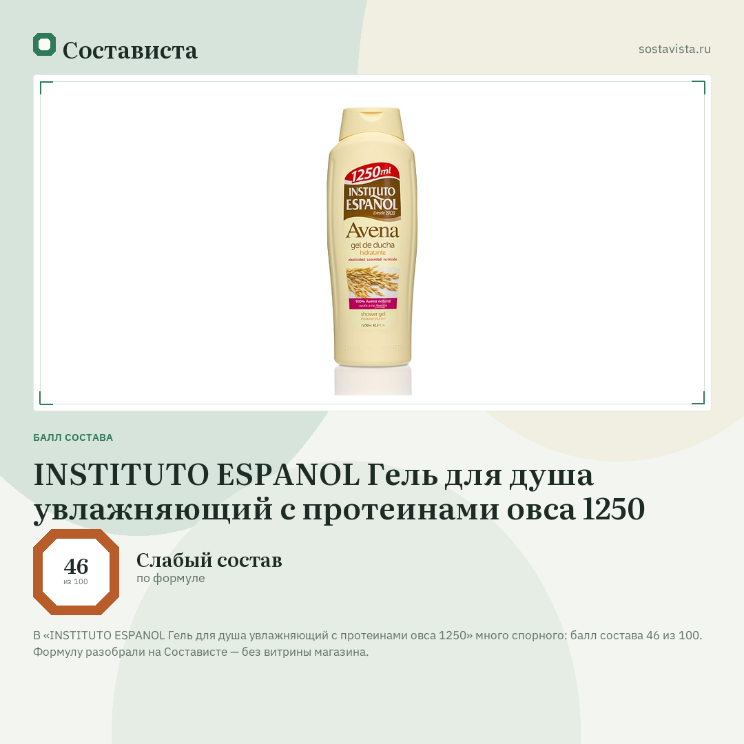 INSTITUTO ESPANOL Гель для душа увлажняющий с протеинами овса 1250: балл состава 46 из 100 — Состависта
