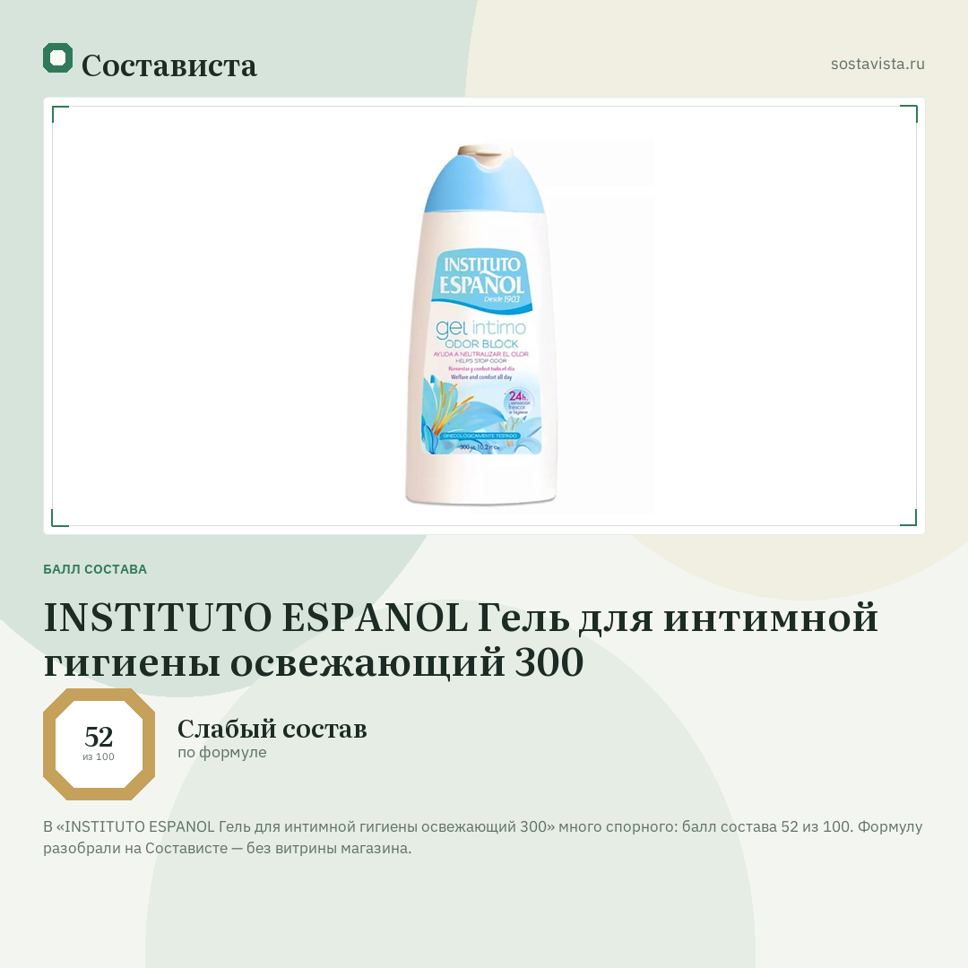 INSTITUTO ESPANOL Гель для интимной гигиены освежающий 300: балл состава 52 из 100 — Состависта