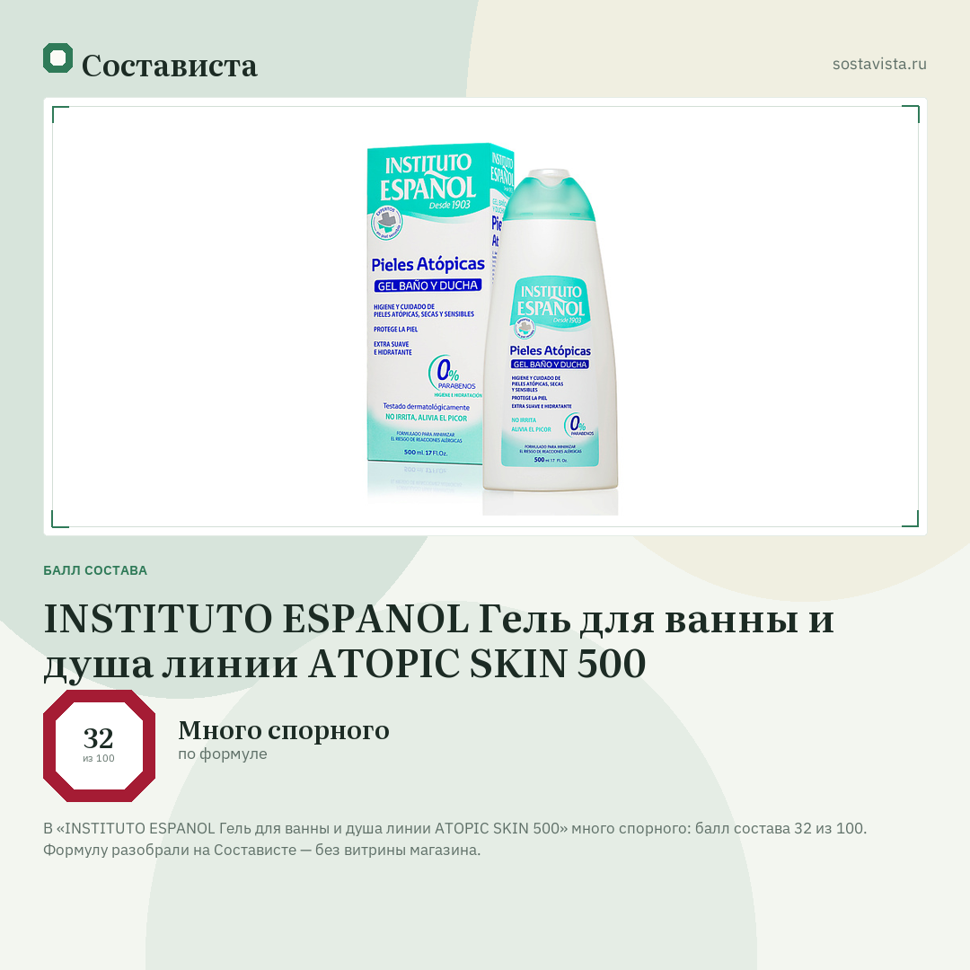 INSTITUTO ESPANOL Гель для ванны и душа линии ATOPIC SKIN 500: балл состава 32 из 100 — Состависта